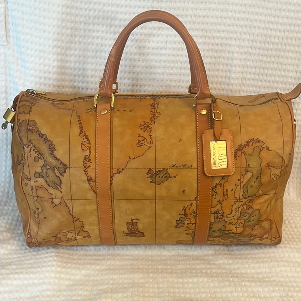 Prima Classe Vintage Map Print Brown Leather Duffel Bag - Picture 12 of 12